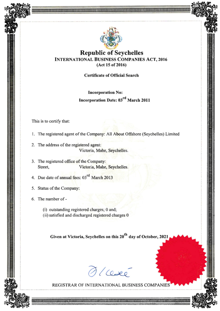Certificate of Official Search
