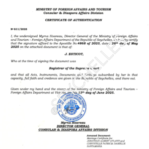 Certificate of Authentication, Seychelles