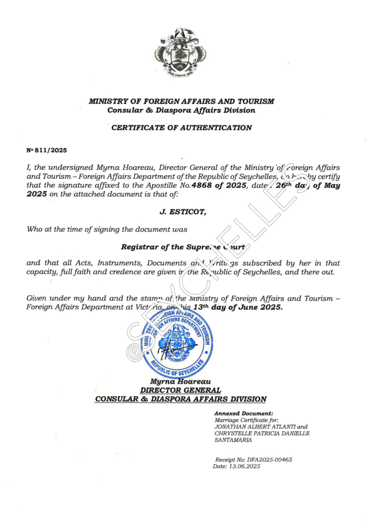 Certificate of Authentication, Seychelles