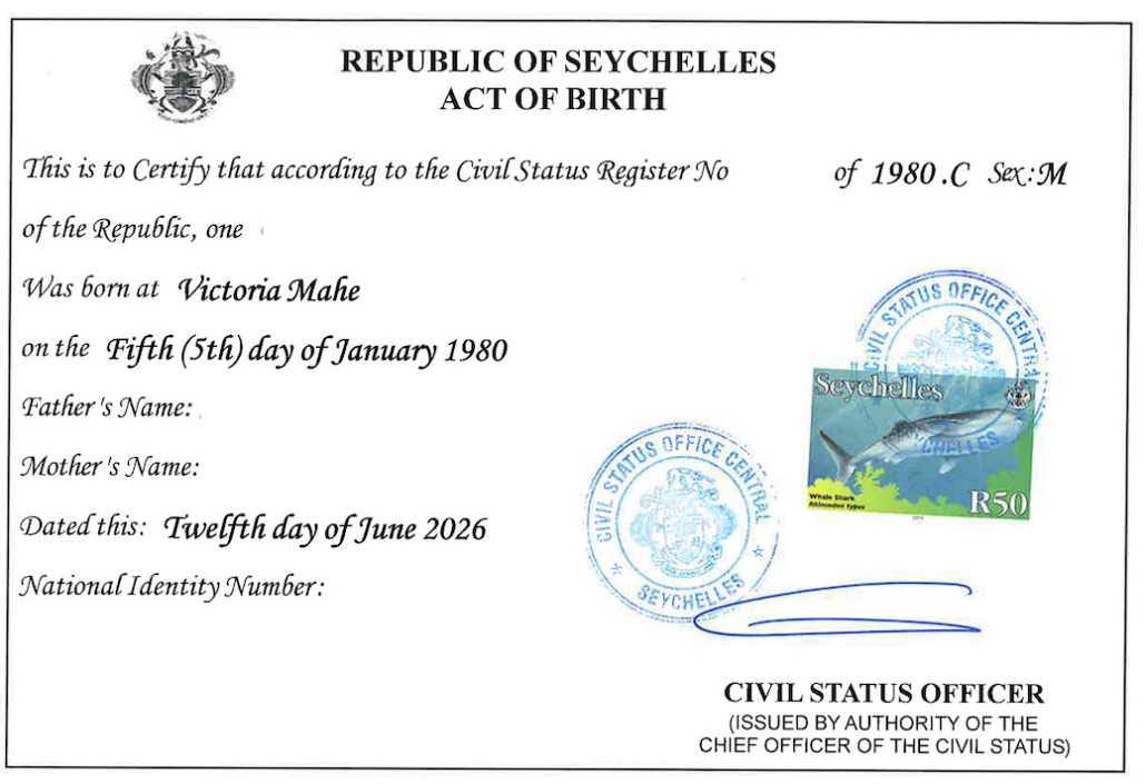 Birth Certificate Seychelles