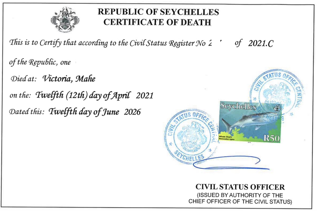 Death Certificate Seychelles